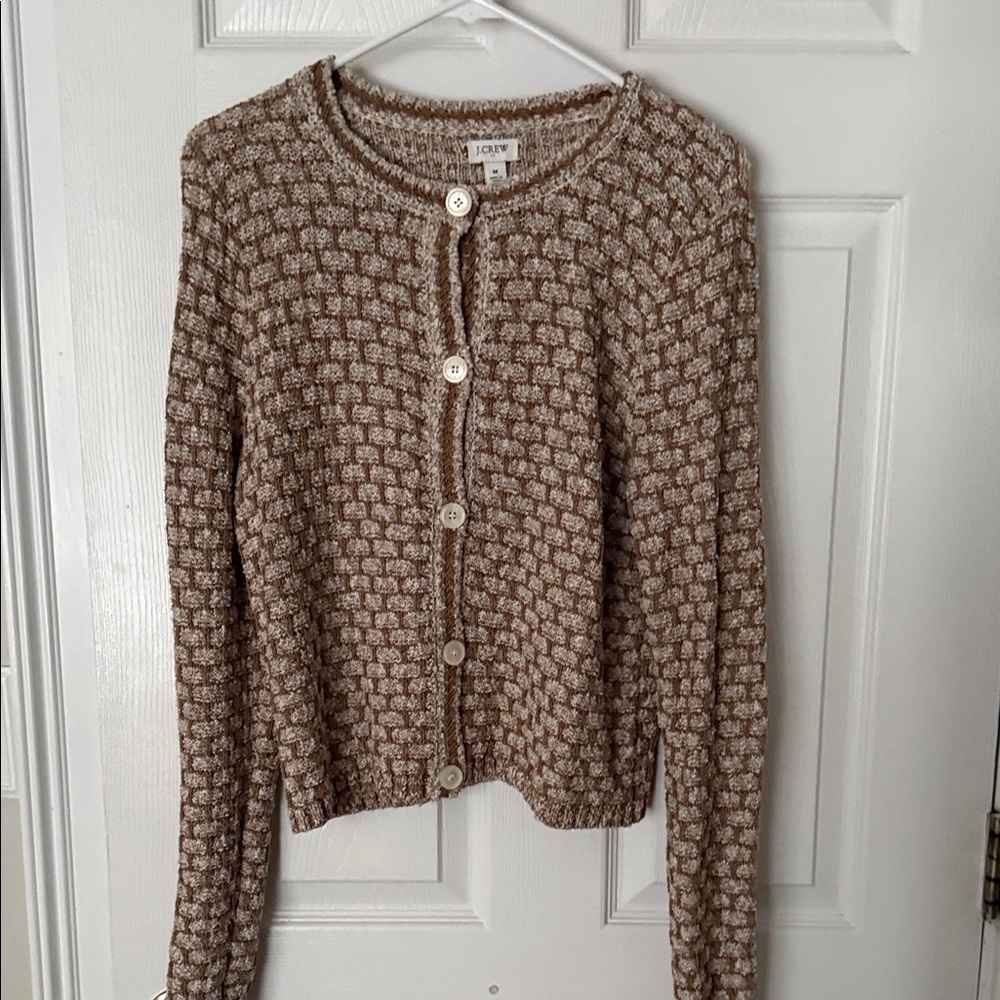 J. Crew Cream and Brown Button-Up Textured Cardigan